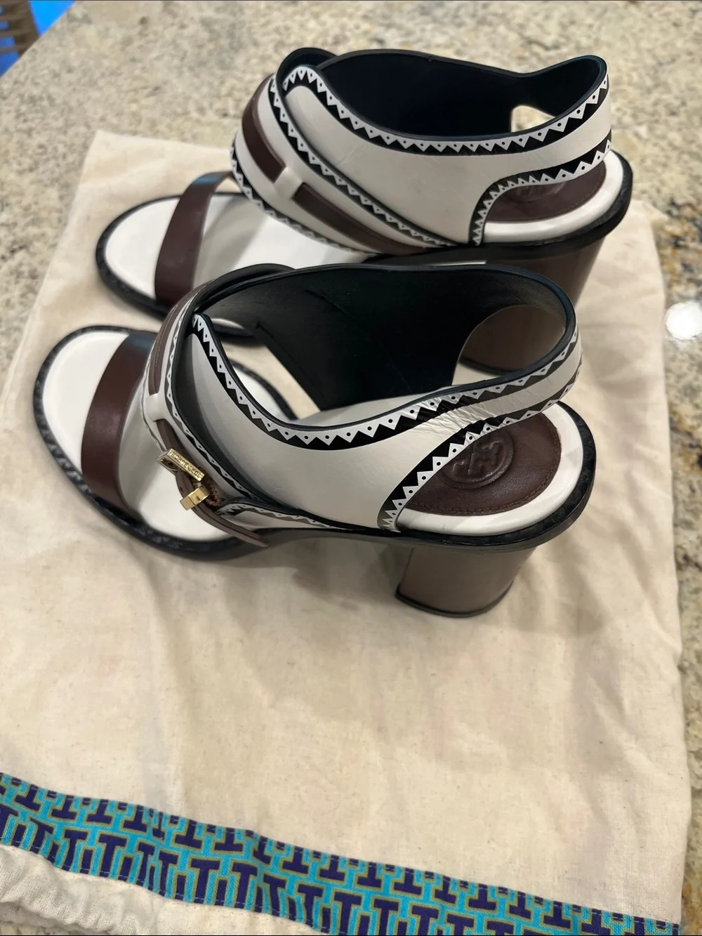 Tory Burch White & Brown Strappy Block Heel Sandals with Black Trim